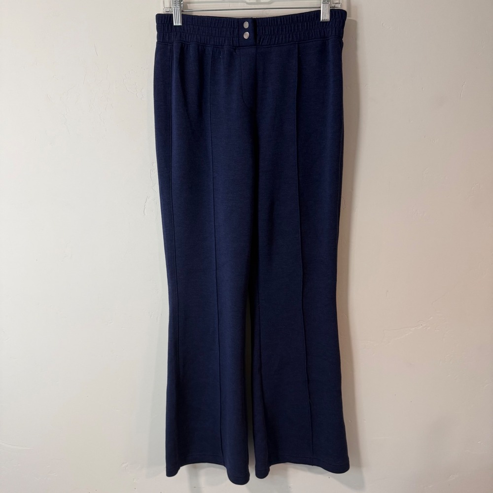 Spanx Womens AirEssentials Brushed Flare Leg Pants Medium Petite Navy Blue Seam